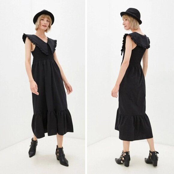Topshop Dresses & Skirts - NEW Topshop Black Cotton V-neck Ruffle Midi Dress Size 6 - 23052